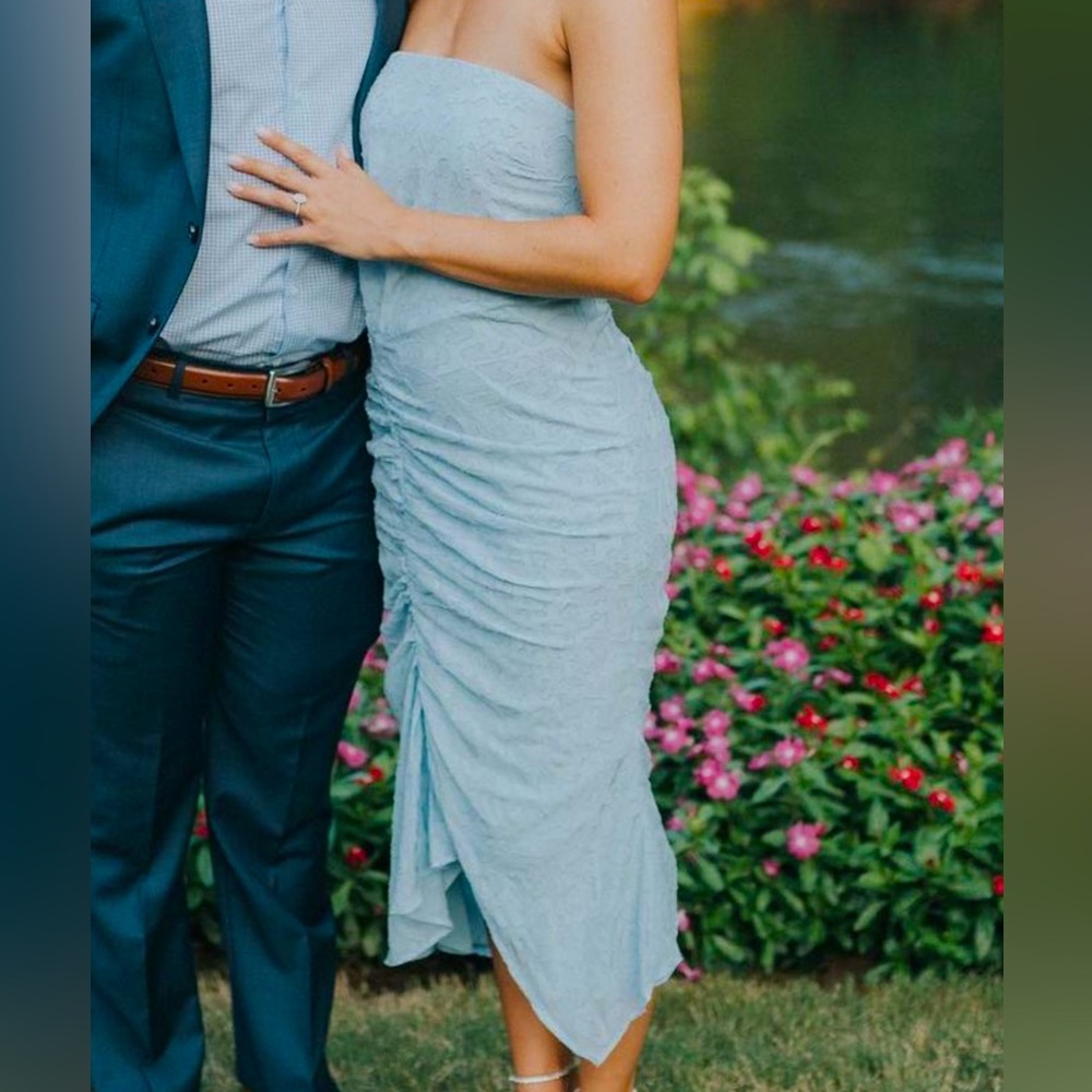 NBD Ruched Asymmetrical Midi Cocktail Dress in Baby Blue